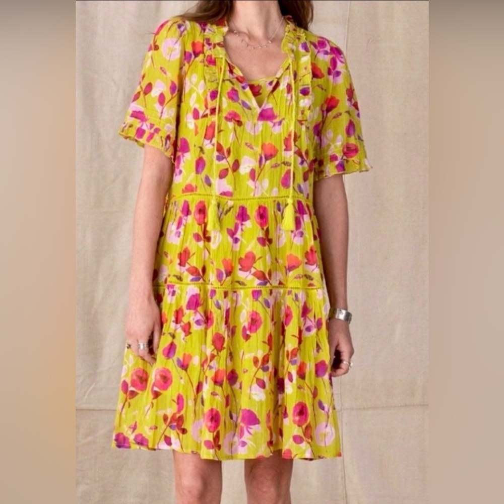 Sundance Yellow Floral Tiered Short-Sleeve Dress